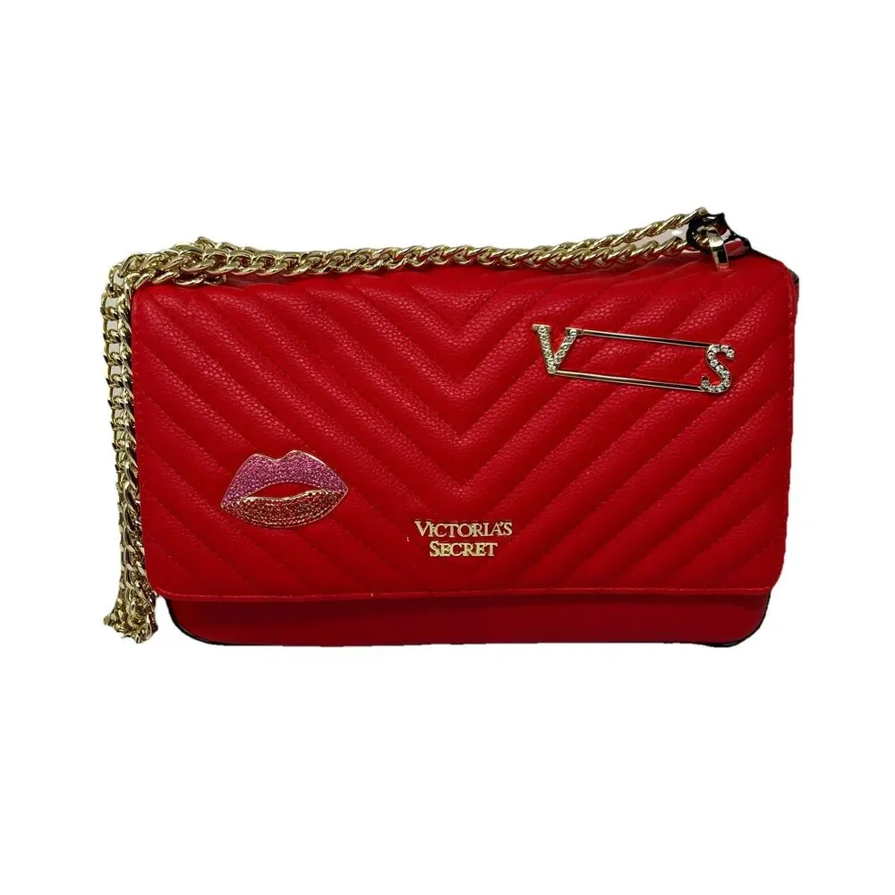 Victoria Secret Red Quilted Gold Chain Rhinestone Bond Street Crossbody Bag‎